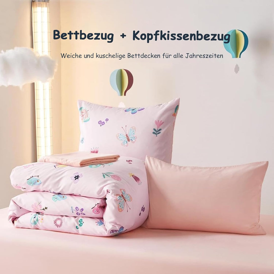 Freyamy Kinder Bettwäsche 100x135cm 2teilig Rosa Bunt Schmetterling Blume Wendebettwäsche Gebürstet