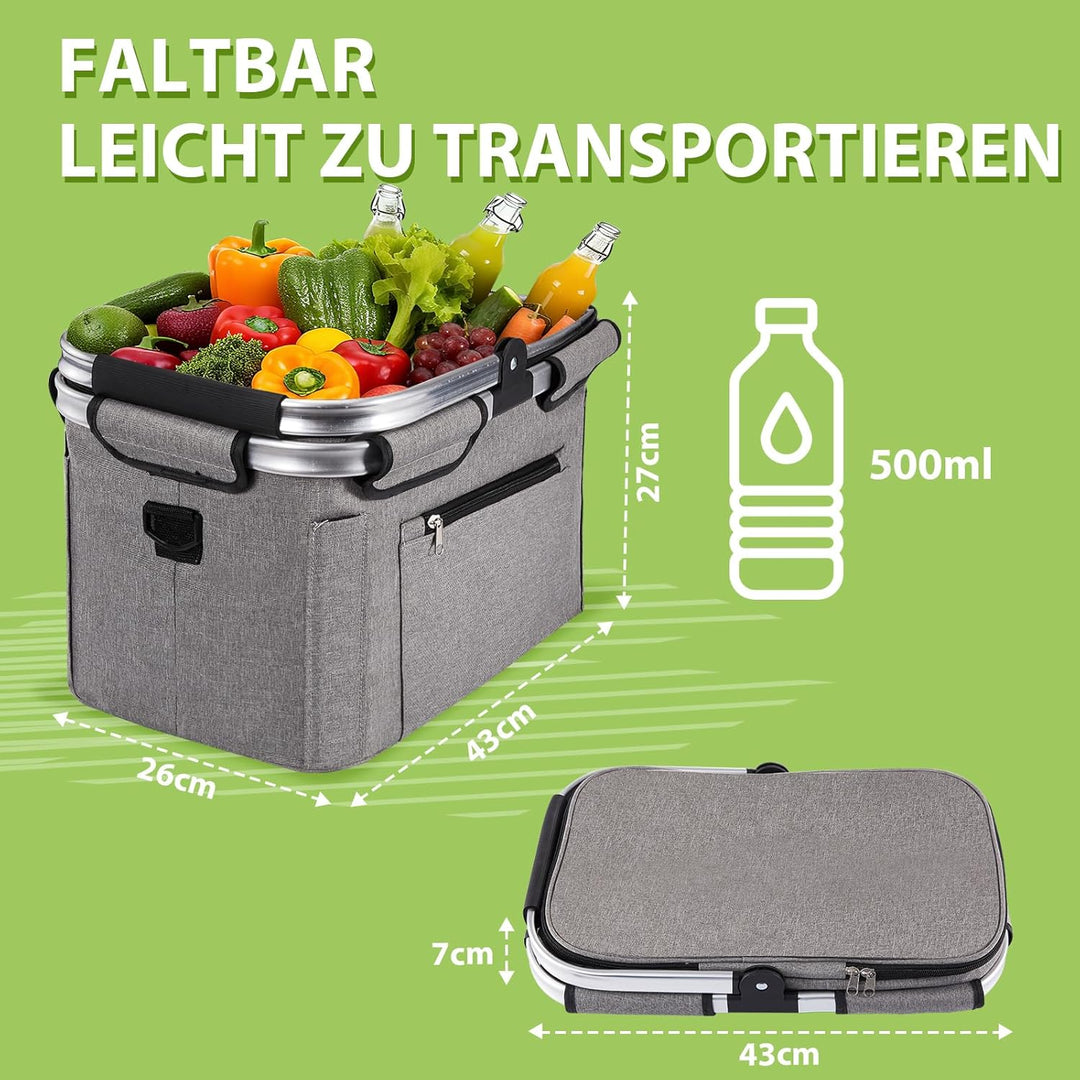 OUSFOT Einkaufskorb, 30L Picknickkorb Mutti Korb Faltbar Grau mit Deckel Perfekt für Shopping, Pickn