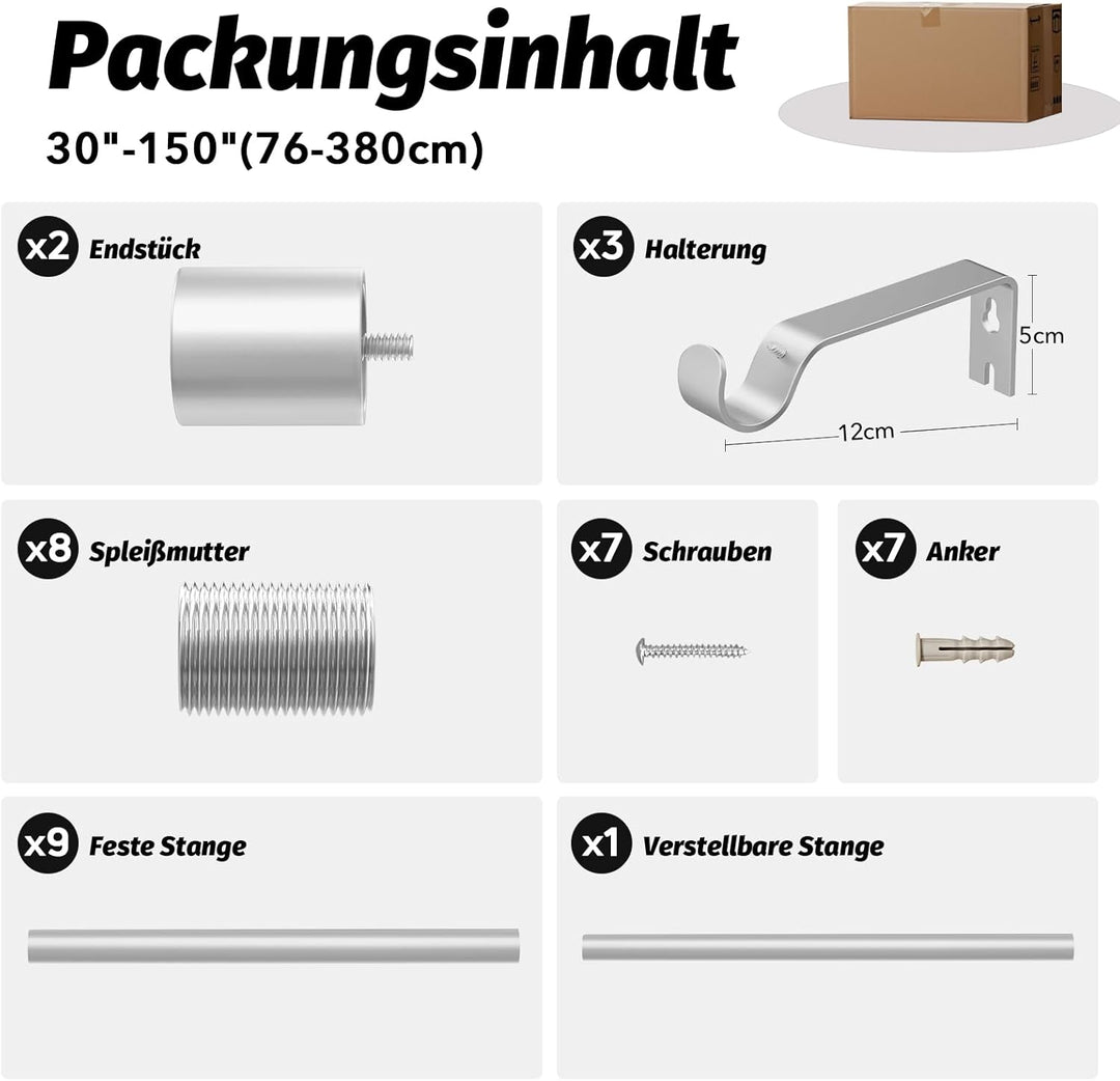 Silber Gardinenstange Vorhangstange Ausziehbar Curtain Rod Gardinenstangen für Fenster Outdoor (Silb