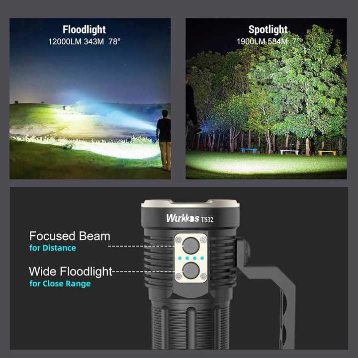 Wurkkos TS32 Taschenlampe USB C Wiederaufladbar, 15000 Lumen Taschenlampe mit leistungsstarken 12*Ni