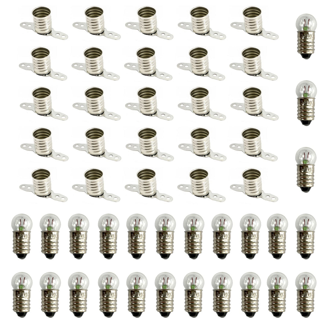 Set aus 25 Stück 3,8 V 0,3 A E10 Glühbirne und 25 Stück E10 Lampenfassung - Elektrosatz für Basteln