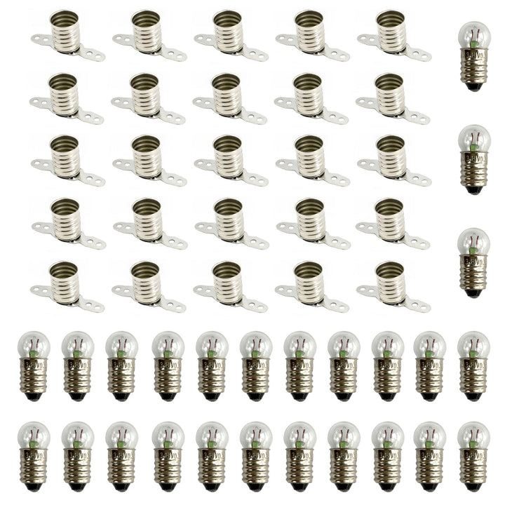 Set aus 25 Stück 3,8 V 0,3 A E10 Glühbirne und 25 Stück E10 Lampenfassung - Elektrosatz für Basteln