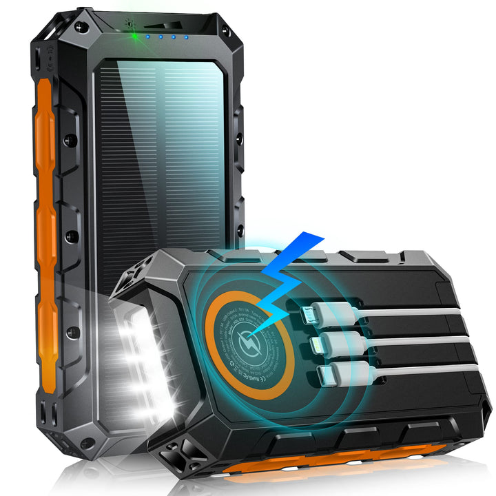 Solar Powerbank 52800mAh, 30W PD Power Bank Schnellladefunktion mit 3 Integrierten Kabel, 7 Ausgänge