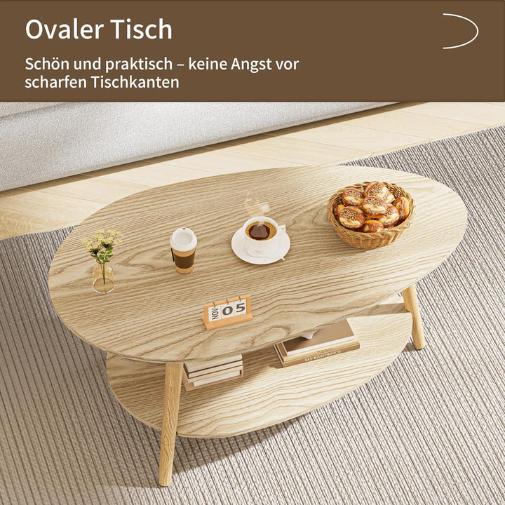 Table Basse, Massivholz Teetisch, Oval Doppelschicht Couchtisch, Runder Tisch für das Wohnzimmer, Co