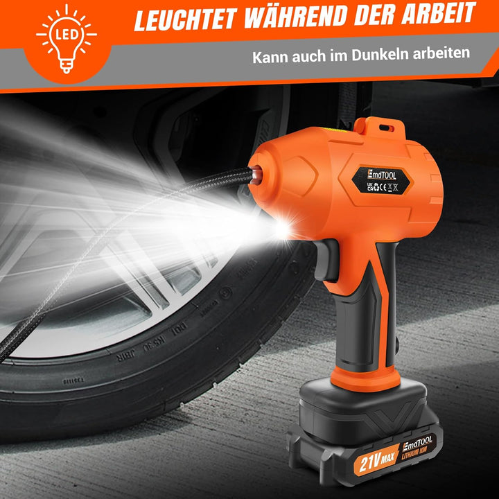 Reifenaufbläser Luftkompressor, 21V Akku und 12V Gleichstromkabel, tragbares Pumpgerät mit digitalem
