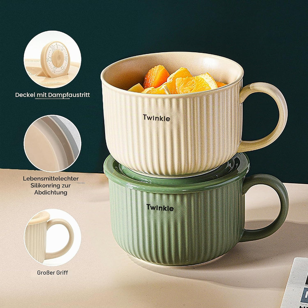 Keramik Suppenschalen mit Griff und Deckel, 750 ml Grosse Suppentasse für Suppe, Instant-Nudel, Müsl
