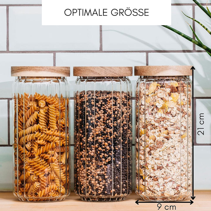 Econovo® Vorratsgläser mit Deckel geriffelt (1000ml | 3-tlg.), stapelbar und luftdicht, Vorratsbehäl