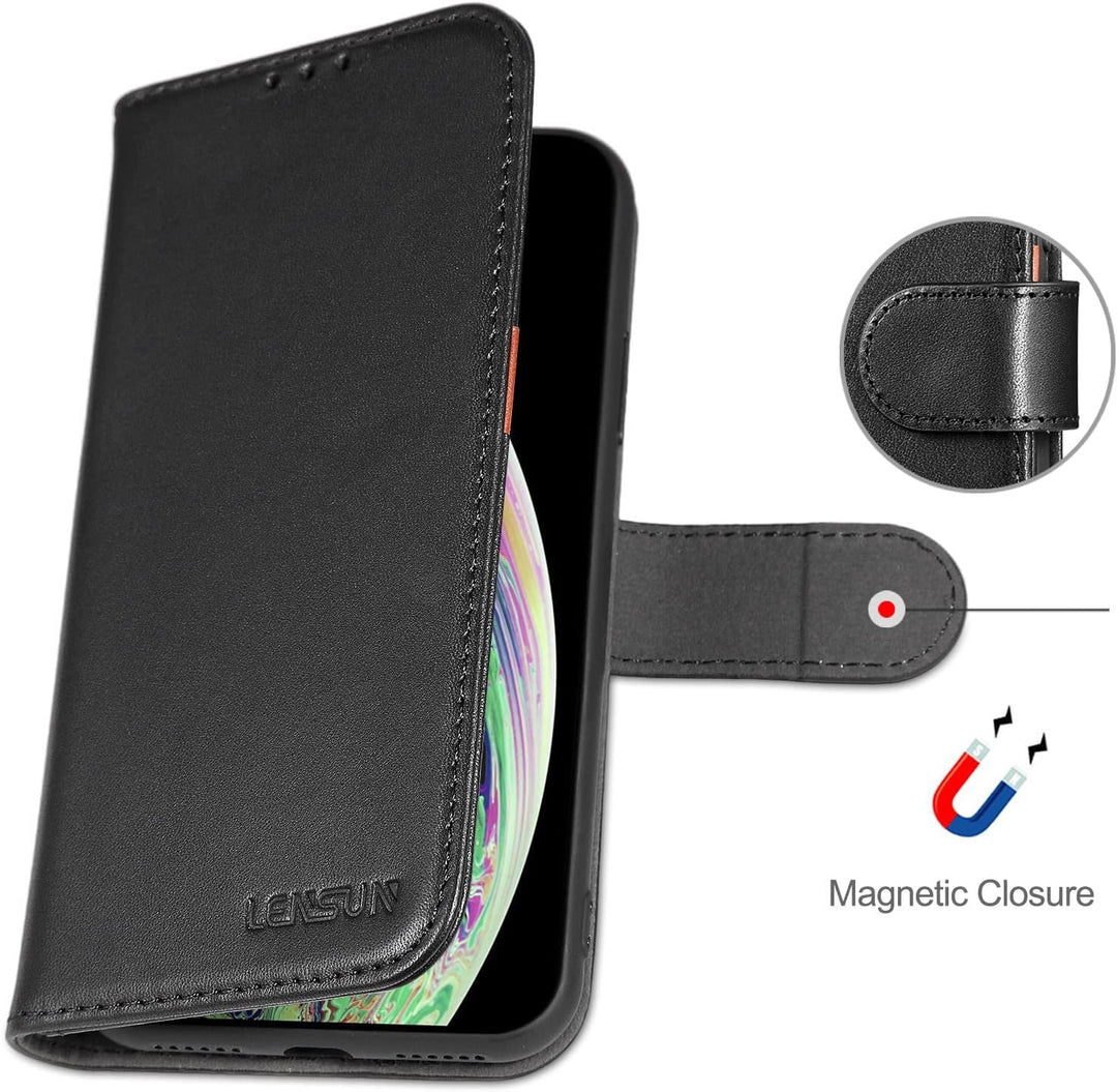 LENSUN Echtleder Hülle für iPhone XS, iPhone X Handyhülle [Echtes Leder][Magnetverschluss][RFID Schu