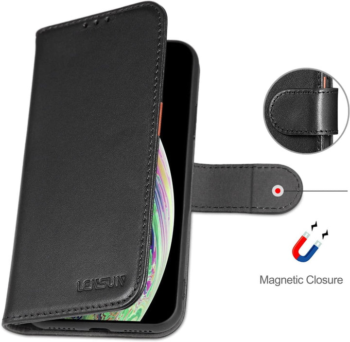 LENSUN Echtleder Hülle für iPhone XS, iPhone X Handyhülle [Echtes Leder][Magnetverschluss][RFID Schu