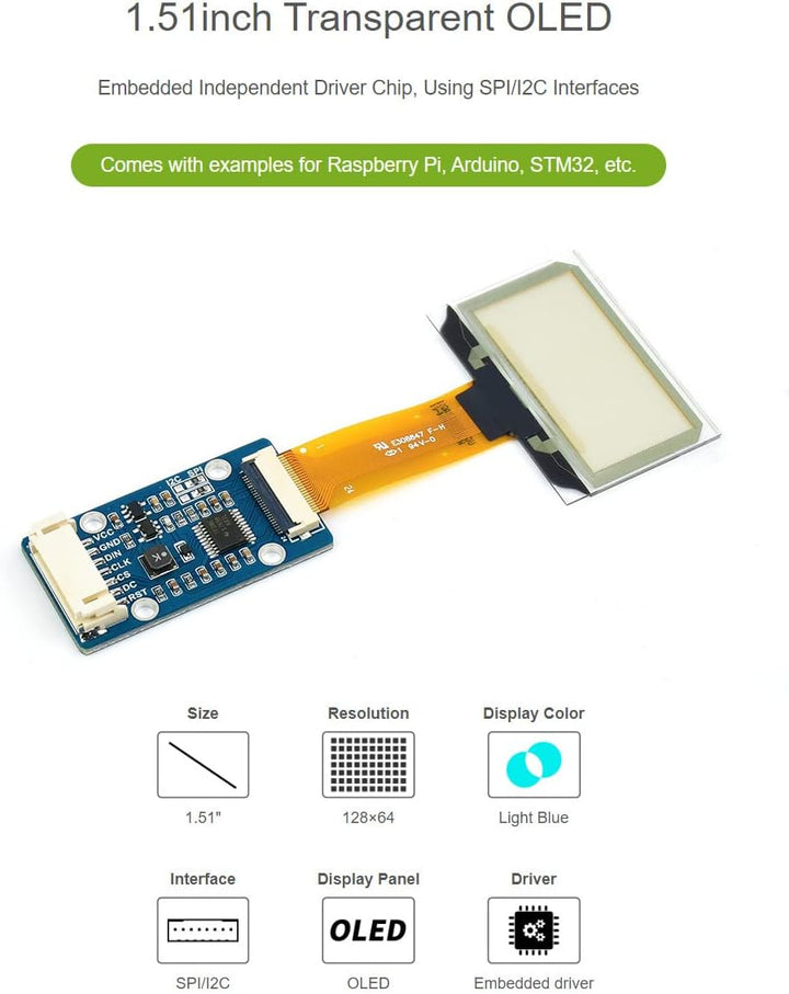 Waveshare 1.51inch Transparent OLED 128×64 Resolution Light Blue Color Display Compatible with Raspb