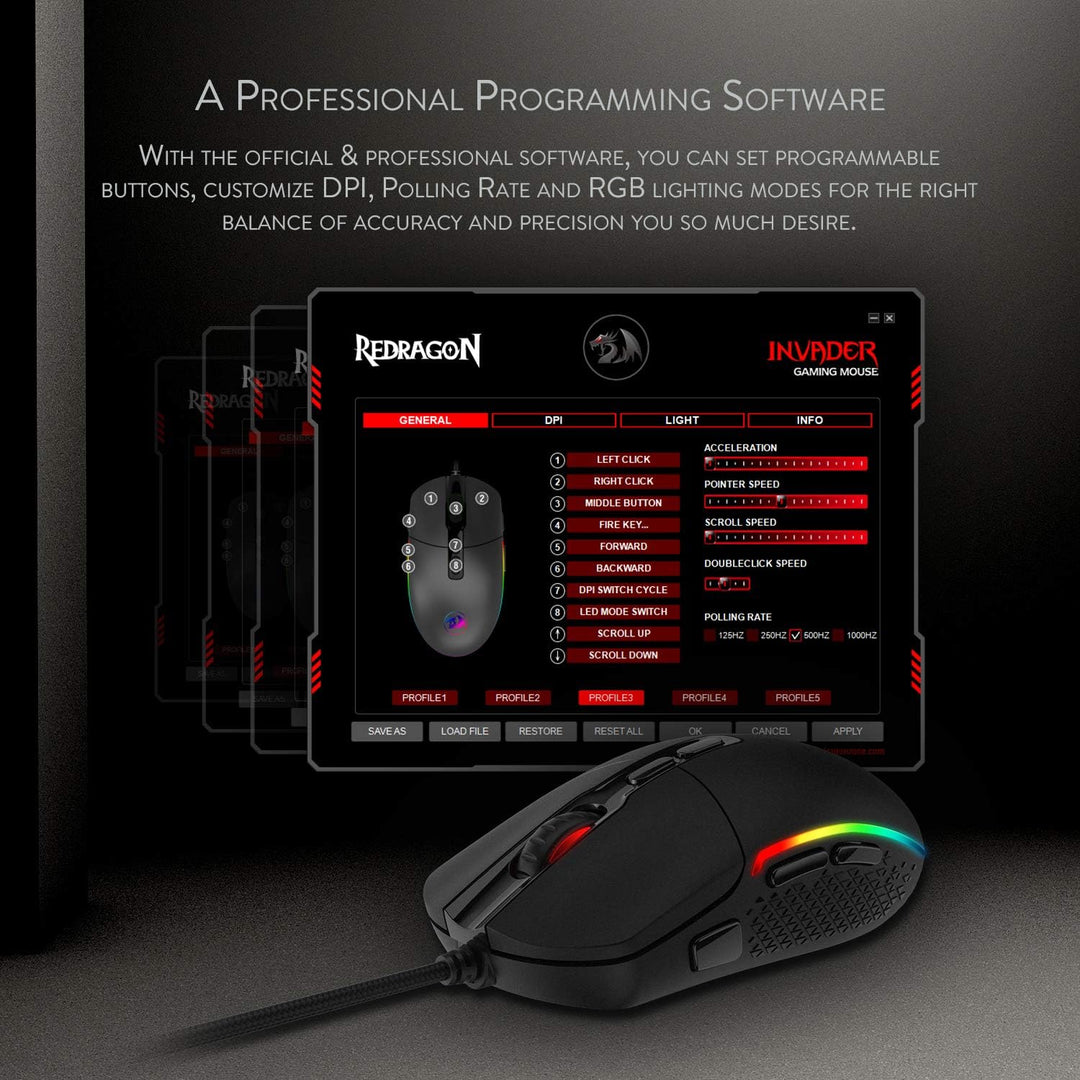 Redragon M719 Invader Optische Gaming-Maus, kabelgebunden, 7 programmierbare Tasten, RGB-Hintergrund