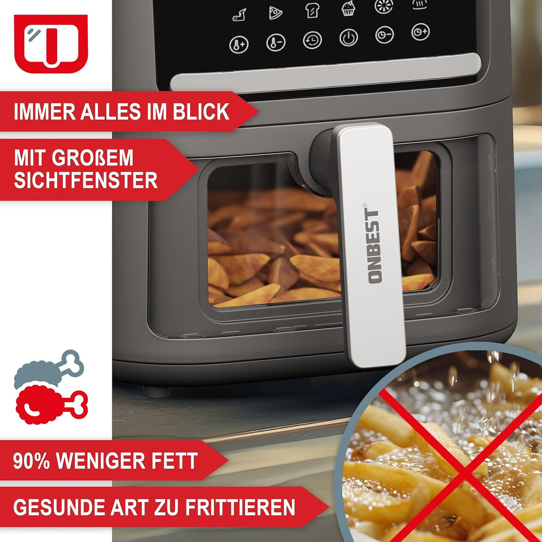 ONBEST Heissluftfritteuse mit grossem Sichtfenster & 12 Kochprogrammen – XL Airfryer mit 6,5 Liter,1