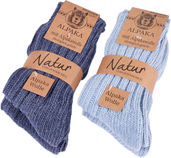 Brubaker 4 Paar Alpaka Socken sehr dick flauschig und warm - reine Alpakawolle 35-38 Blautöne, 35-38