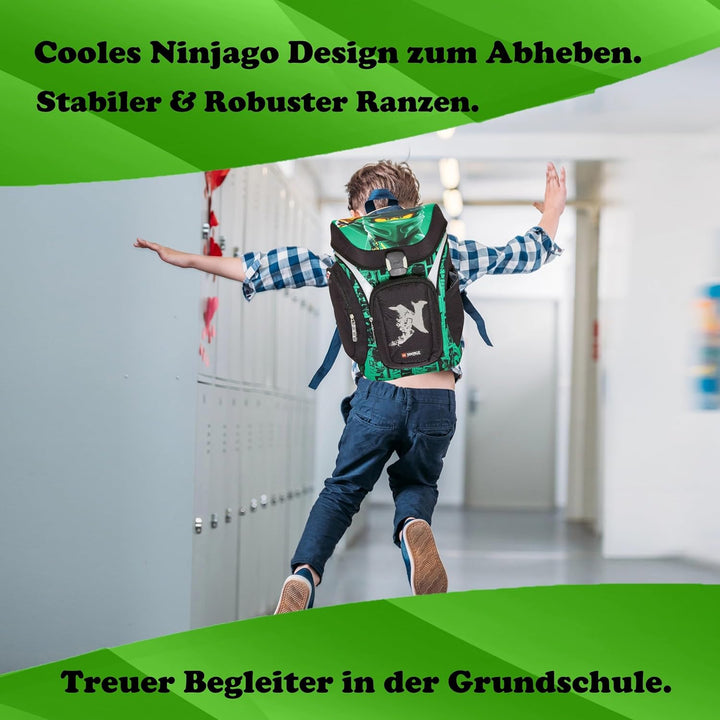 Familando - Schulranzen Set 9-teilig mit Sporttasche - Ninjago Grün - Ergonomisch, stabil & mit gepo