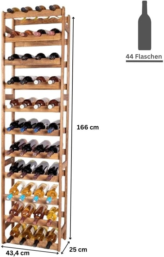 PROREGAL Weinregal PINOTWINE | HxBxT 166x43,4x25cm | 44 Flaschen | Massives Kiefernholz | Braun geöl