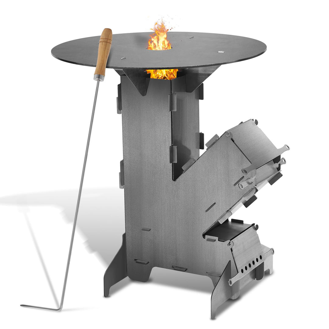 Raketenofen mit Grillplatte gross 5mm, Rocket Stove aus massivem 3 mm dickem Stahl，Holzofen mit Feue