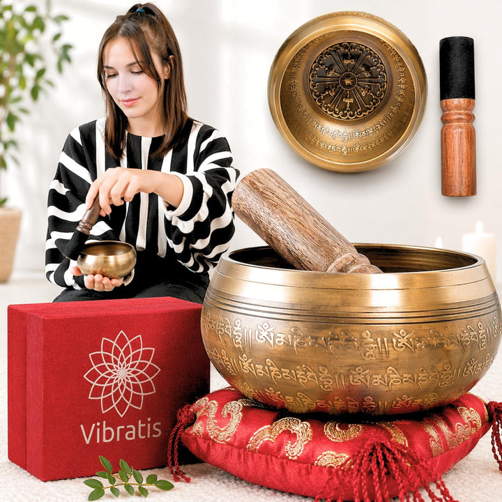 VIBRATIS Tibetische Klangschale – Handgefertigt in Nepal – Inkl. Kissen &amp; Holzschlegel – Ideal für M