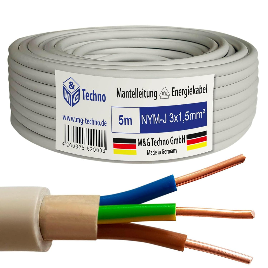 M&G Techno 5m NYM-J 3x1,5 mm² Mantelleitung Feuchtraumkabel Elektrokabel Kupfer Made in Germany NYM-