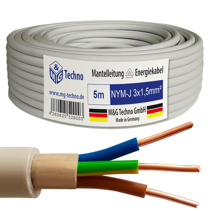 M&G Techno 5m NYM-J 3x1,5 mm² Mantelleitung Feuchtraumkabel Elektrokabel Kupfer Made in Germany NYM-