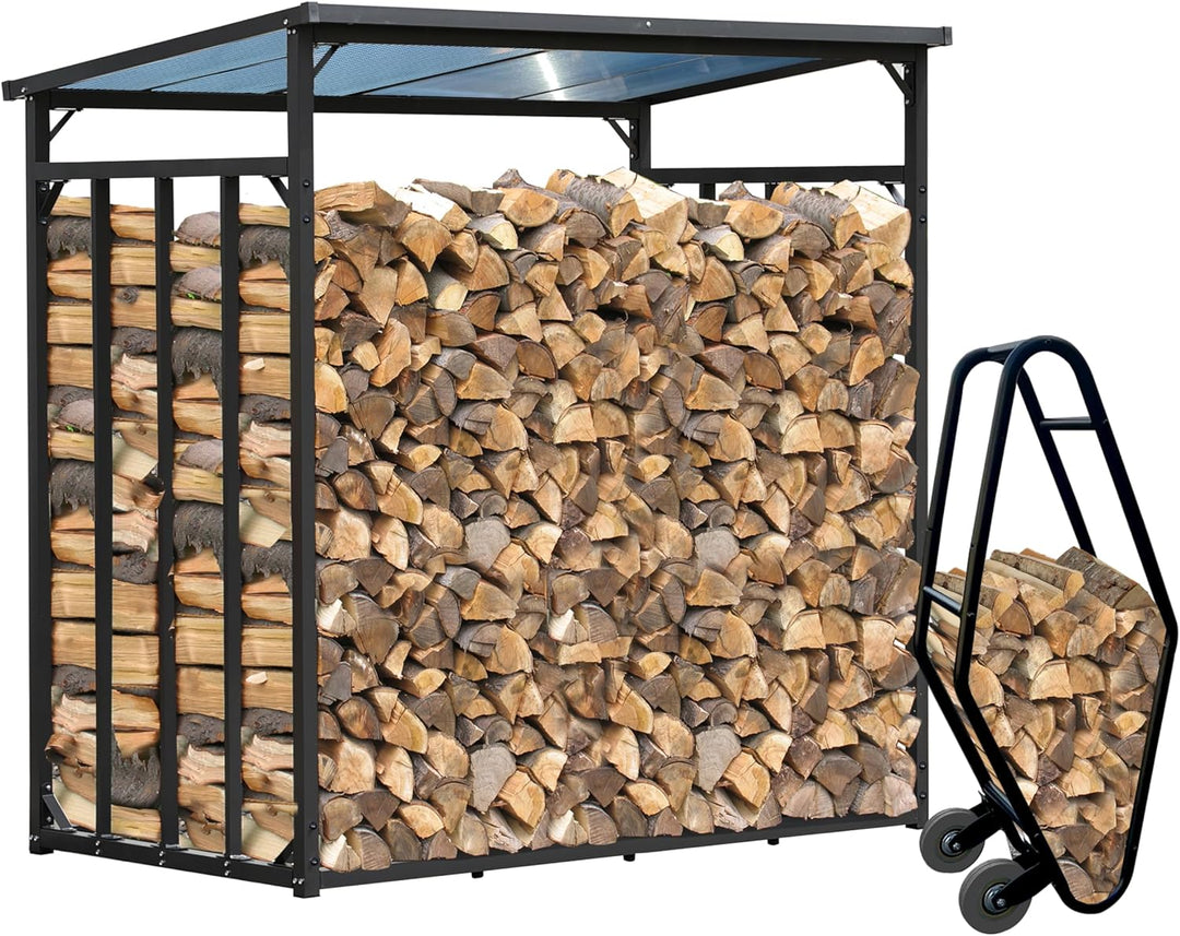 QUICK STAR Kaminholztrolley, 25x40x95 cm, Schwarz Pulverbeschichtet, 2 Gummierte Räder, Stahl