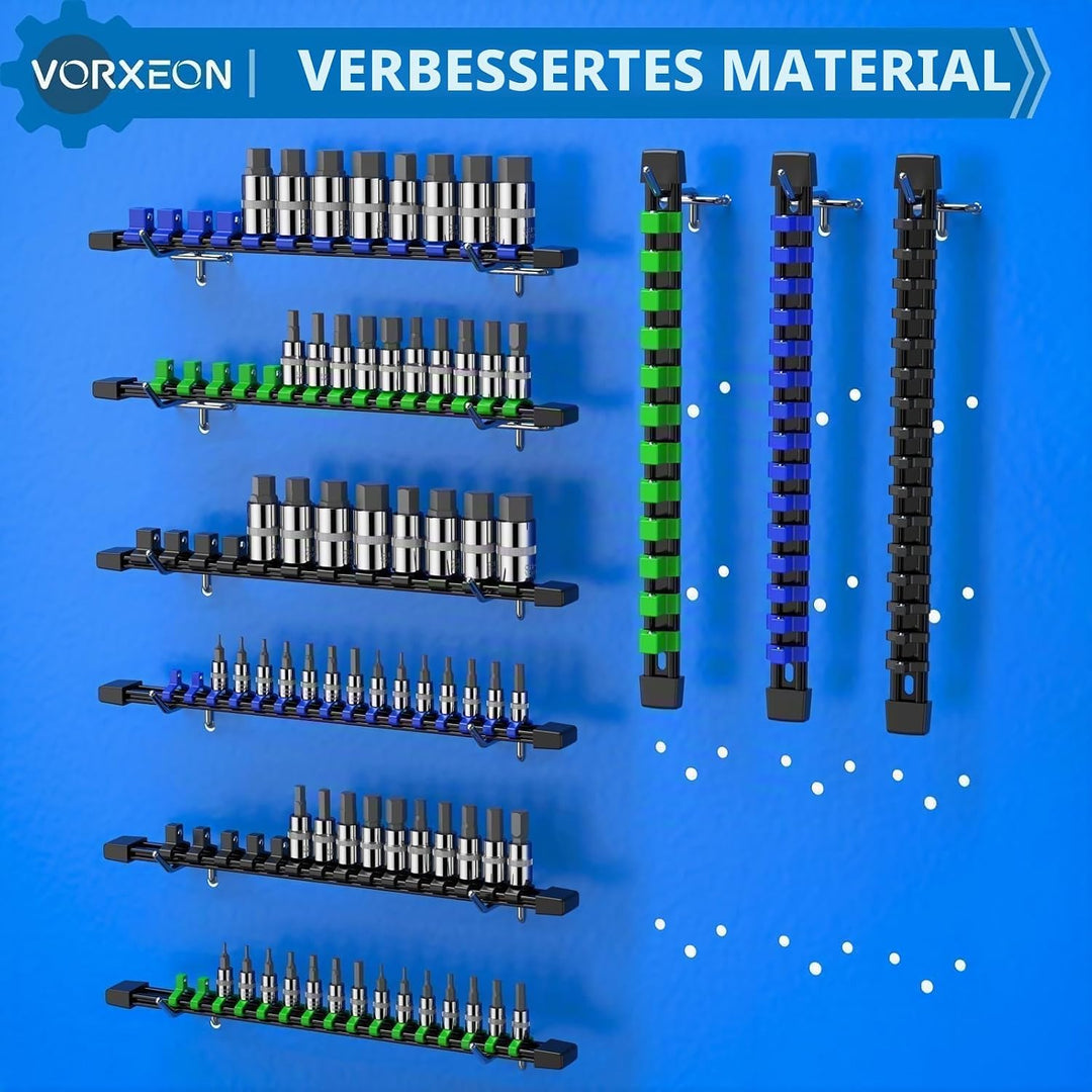 9PC Stecknuss-Organizer Schienen Set Schwarz Blau Grün, robuste ABS Aufbewahrung für Werkstatt, komp