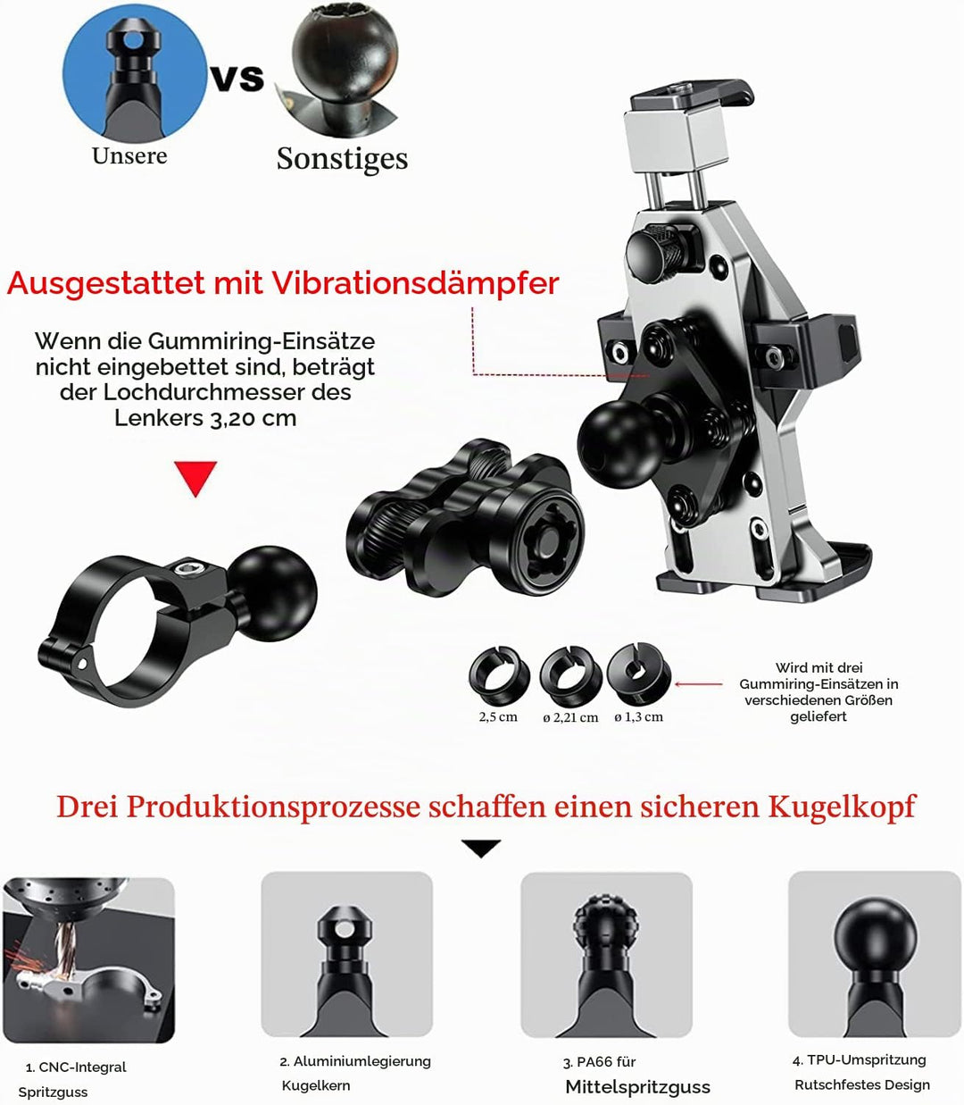 Kewig Anti-Diebstahl Wasserdicht Motorrad Handyhalterung 15W kabellos mit Vibrationsdämpfer, One-Pus