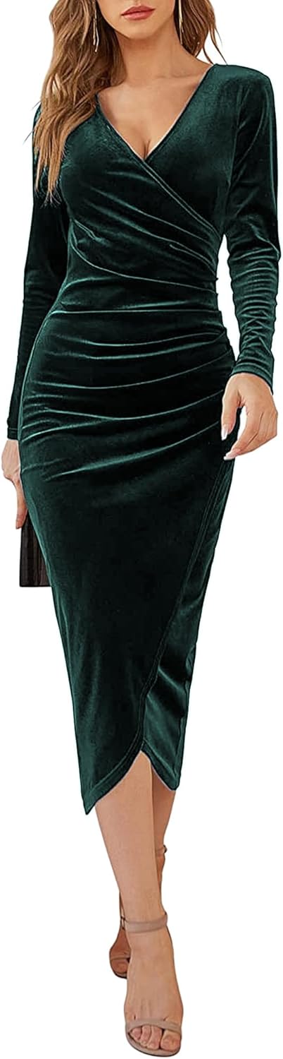 Yutdeng Winterkleid Damen Elegant Samtkleid Lang Abendkleid V-Ausschnitt Partykleid Bodycon Cocktail