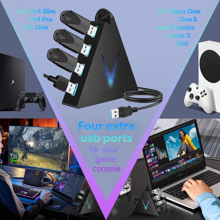 4-Port USB 3.0 Hub, FlyingVHUB USB Hub Tower mit 60 cm verlängertem Kabel, RGB-Beleuchtung (mit Scha