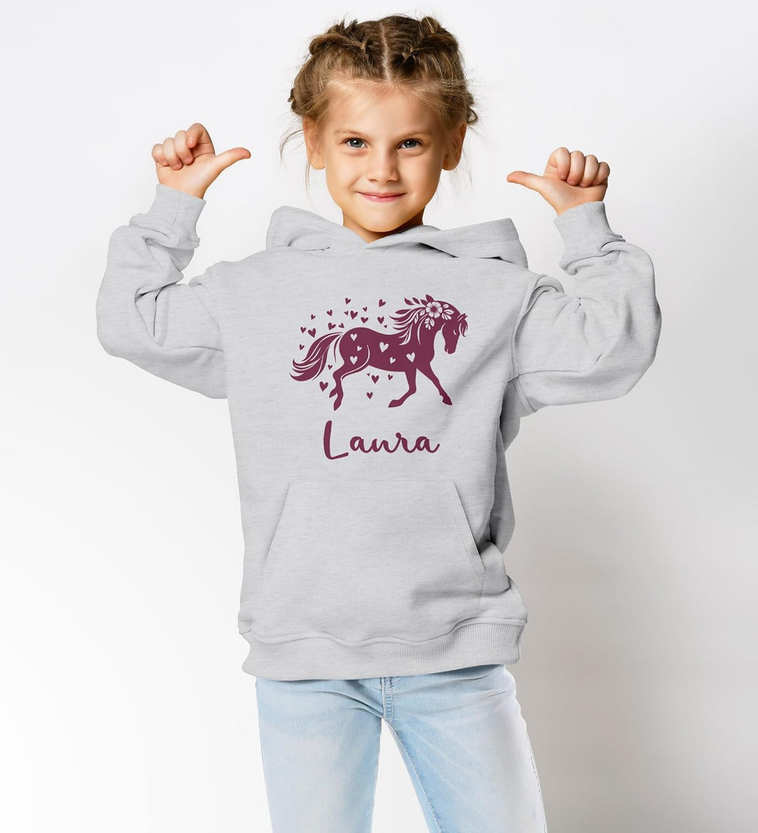 Kinder Hoodie Mädchen Pferde Herzen Motiv Mädchengeschenke mit Pferde Herzchen Print Pferd Blumen 5