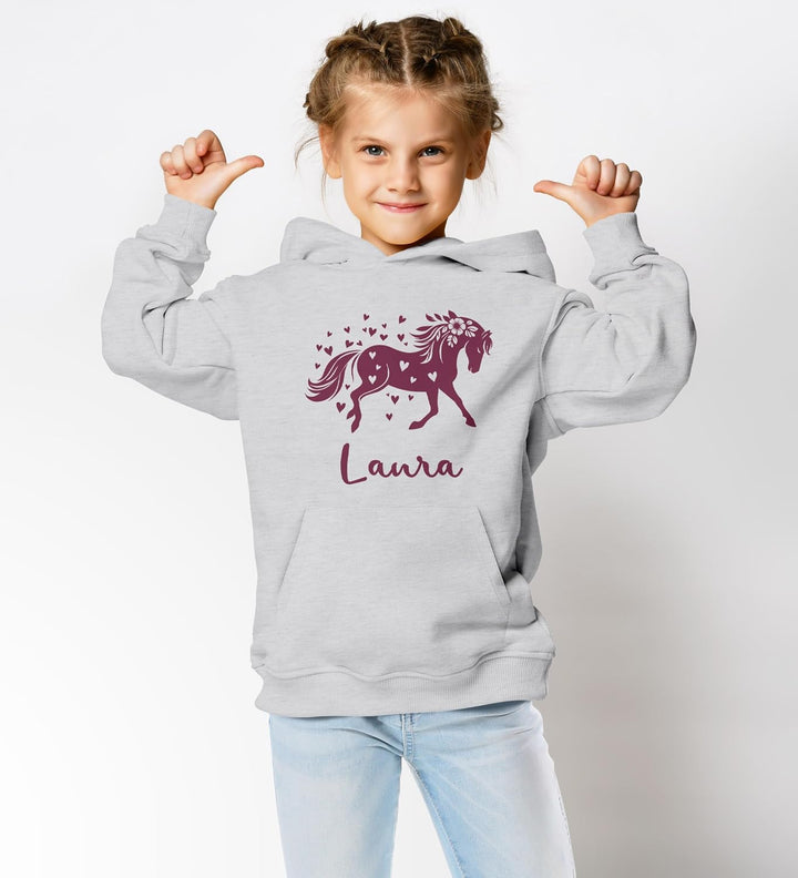 Kinder Hoodie Mädchen Pferde Herzen Motiv Mädchengeschenke mit Pferde Herzchen Print Pferd Blumen 5