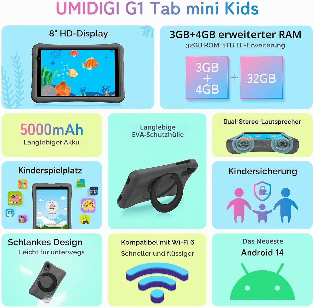 UMIDIGI G1 Tab Mini Kids Tablet, Kinder-Tablet 8 Zoll Android 14, WiFi 6, 7(3+4) GB + 32 GB/TF 1TB,