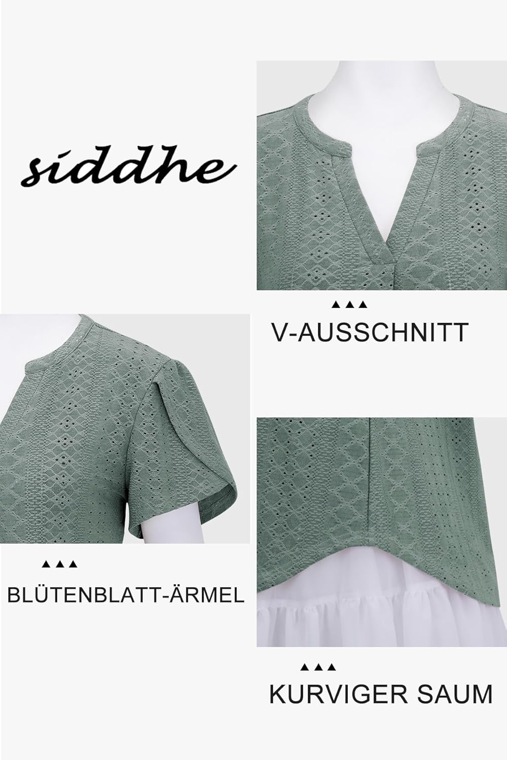 Siddhe Damen Bluse Kurzarm T-Shirts V-Ausschnitt Elegant Lässig Tunika Oberteil Locker Longshirt M (