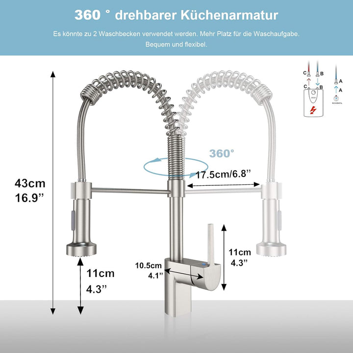 HUAHOMDY Modern low pressure kitchen tap 360° schwenkbarer Mischer Ausziehbarer Wasserhahn für die S