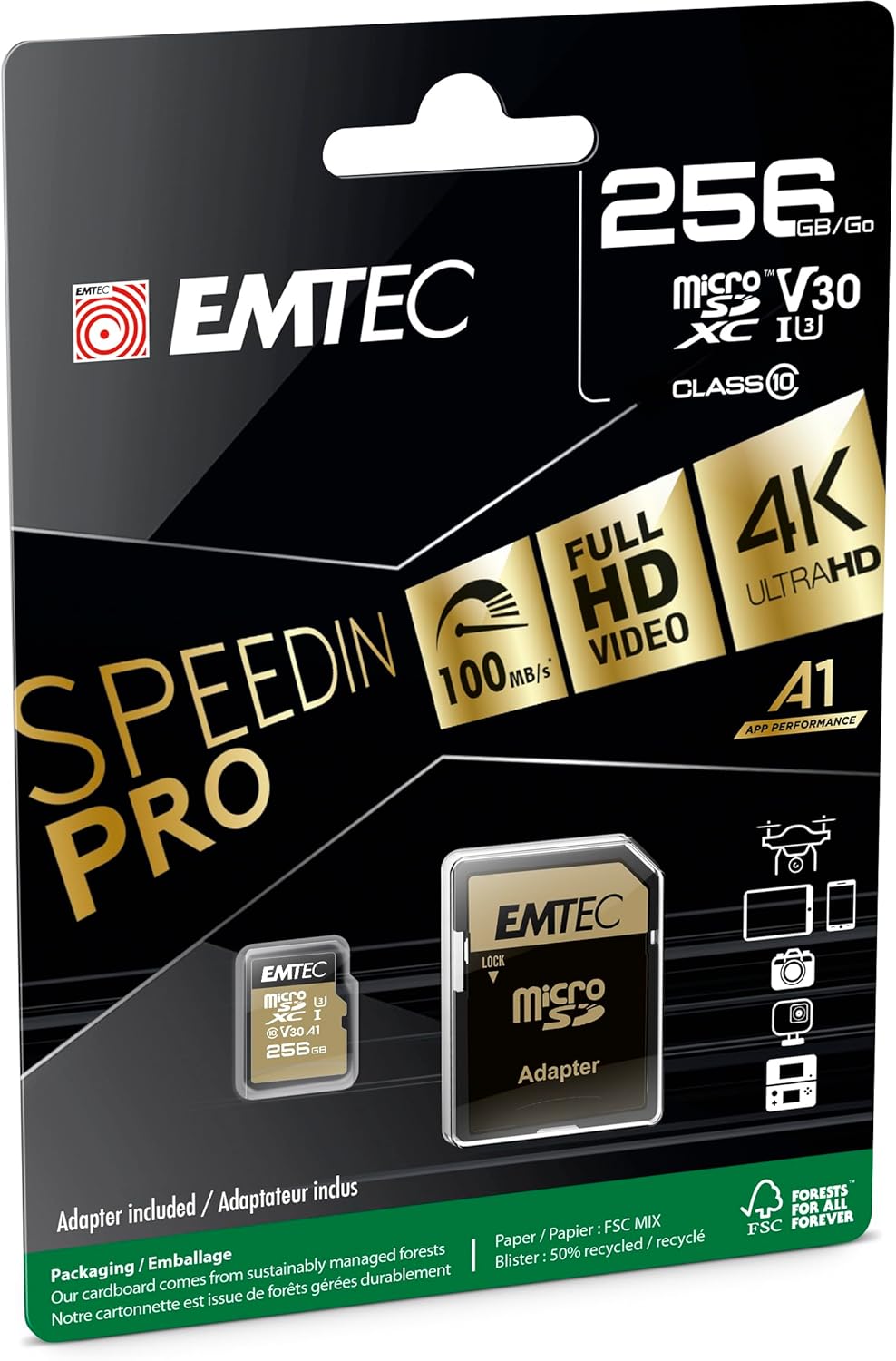 EMTEC SD Card 256GB SDXC (CLASS10) Speedin V30 A1 4K Adapter, 256GB