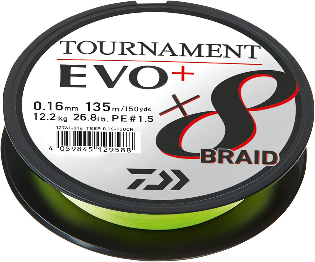 Daiwa Tournament X8 Braid EVO+ 270m Chartreuse geflochtene Angelschnur 270m/0.26mm, 270m/0.26mm