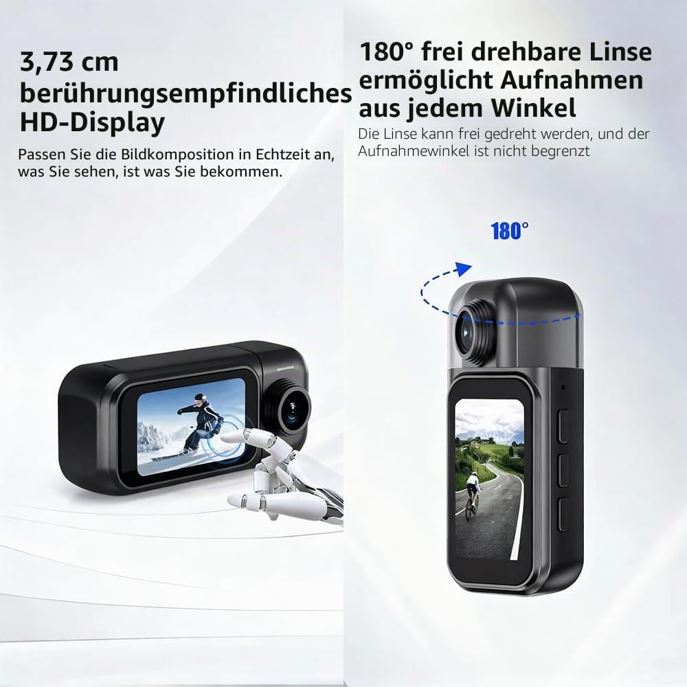 4K Mini Action Kamera WLAN, Daumengrösse mit 1,47” Touchscreen &amp; 180° Drehbarer Linse, Magnetische B