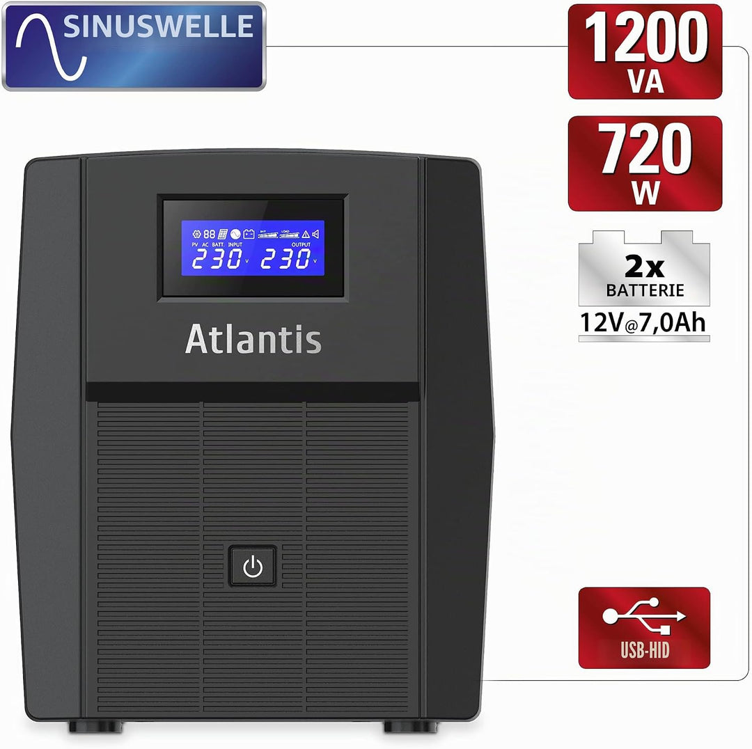 Atlantis A03-HP1503 Unterbrechungsfreie Sinuswelle 1200VA 720W Line Interactive, LCD-Display, USB-HI