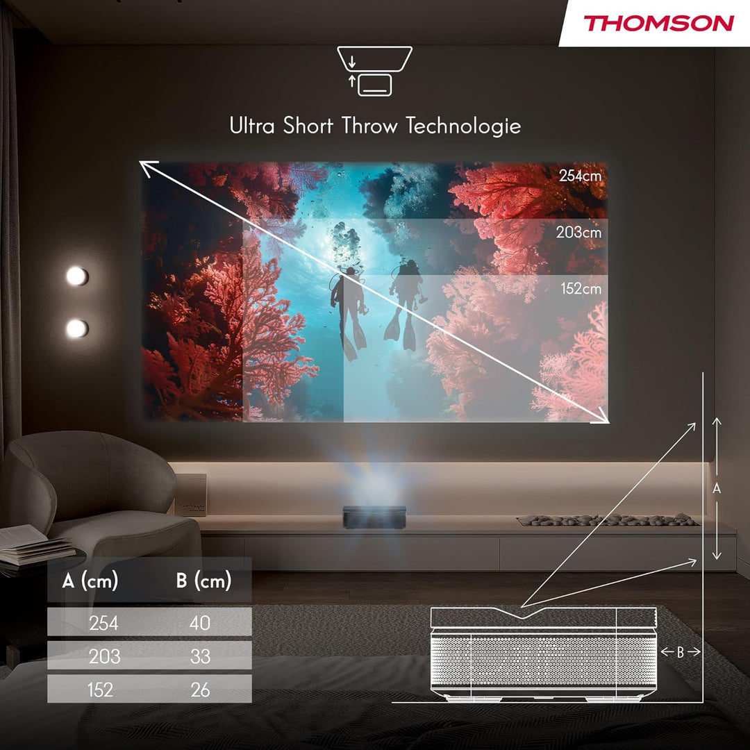 Thomson Sirius PG55B Full HD Beamer, Smart RGB Laser Projektor, Ultra-Kurzdistanz, Google TV, 600 AN