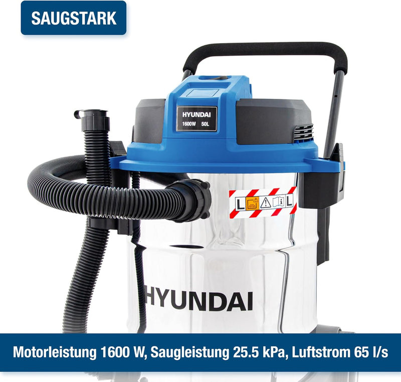 Hyundai Nass- / Trockensauger VCWD1650E, 1600 W, 50l, Edelstahltank, Gebläsefunktion (Staubsauger, W