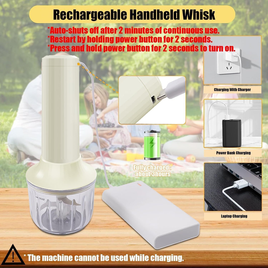 3-in-1 Elektrischer Schneebesen, PowCube Handmixer, Kleiner Kabelloser Stabmixer, Mini Zwiebelhacker
