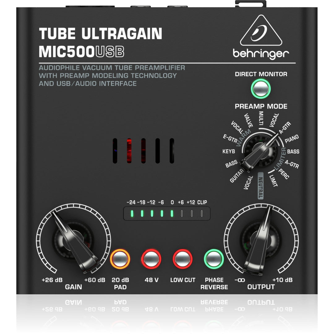 Behringer TUBE ULTRAGAIN MIC500USB Audiophiler Vakuumröhren-Vorverstärker mit Preamp-Modeling-Techno