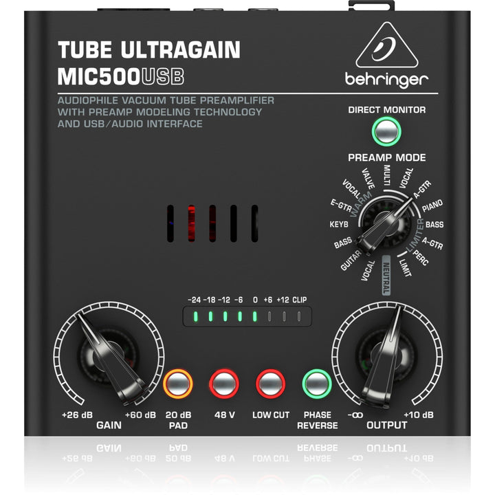 Behringer TUBE ULTRAGAIN MIC500USB Audiophiler Vakuumröhren-Vorverstärker mit Preamp-Modeling-Techno