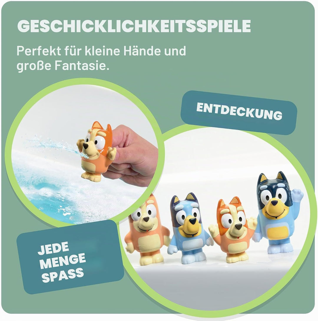 Toomies Bluey Squirter 4er Pack Badespielzeug Set mit Bluey, Bingo, Mama und Papa, Wasserspritzspass