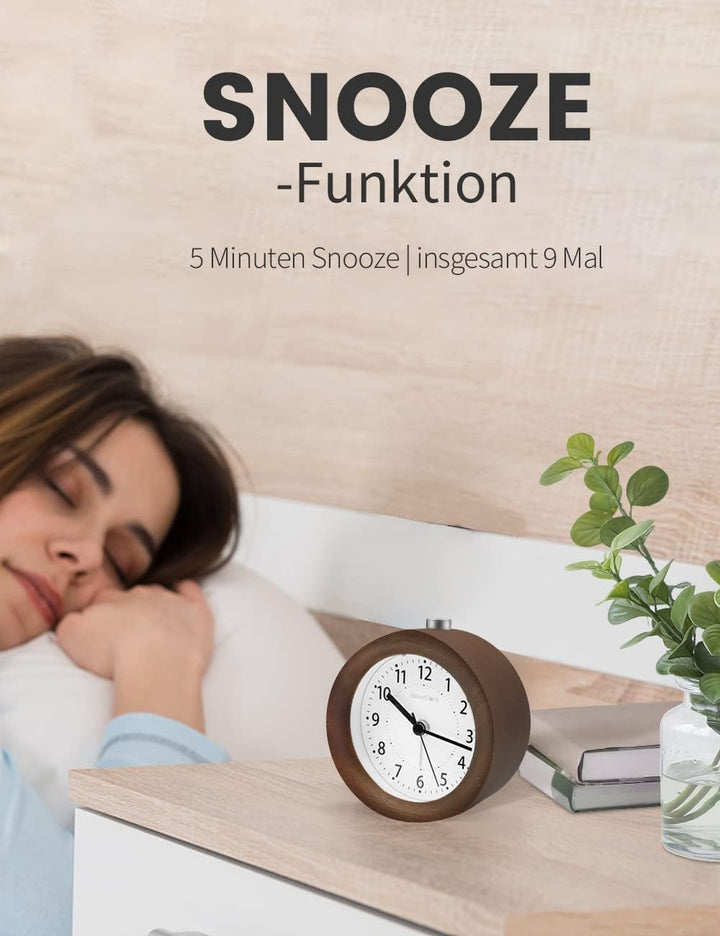 aboveClock Wecker Analog Ohne Ticken, Wecker Holz mit Snooze, Batteriebetriebe Retro Wecker Analog,