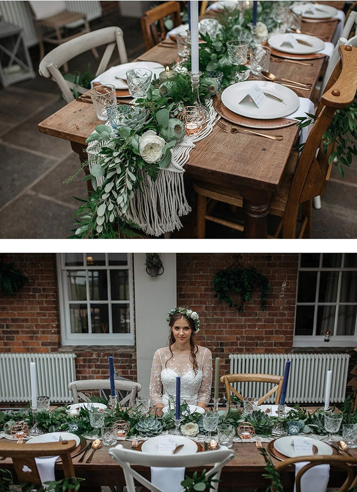 DÉCOCO Makramee Tischläufer handgewebte Boho Hochzeit Tischdekoration Bettwäsche Decke, 35 cm x 180