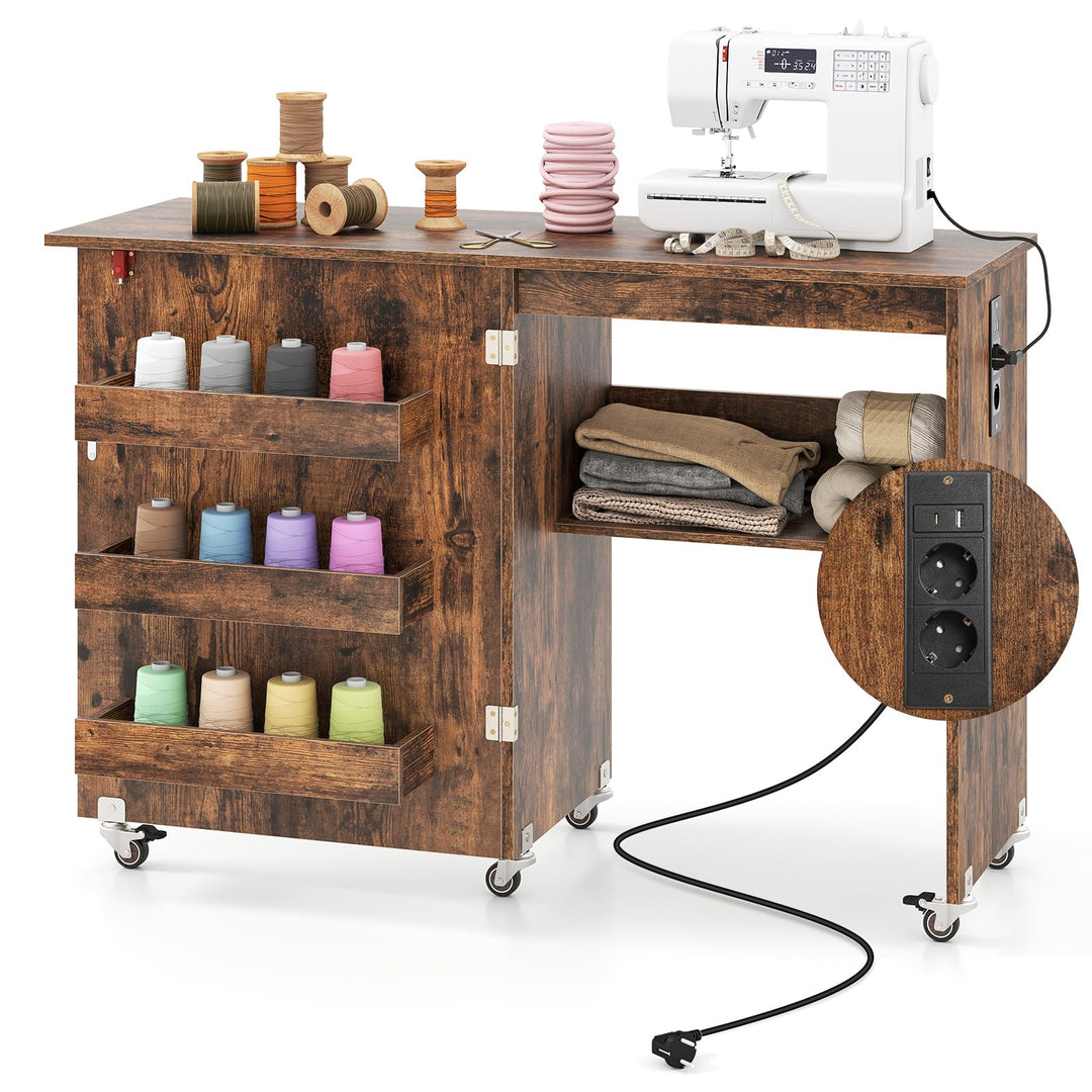 COSTWAY 2 in 1 Nähtisch klappbar mit Ladestation, Nähmaschinenschrank aus Holz mit Regalen, Nähschra