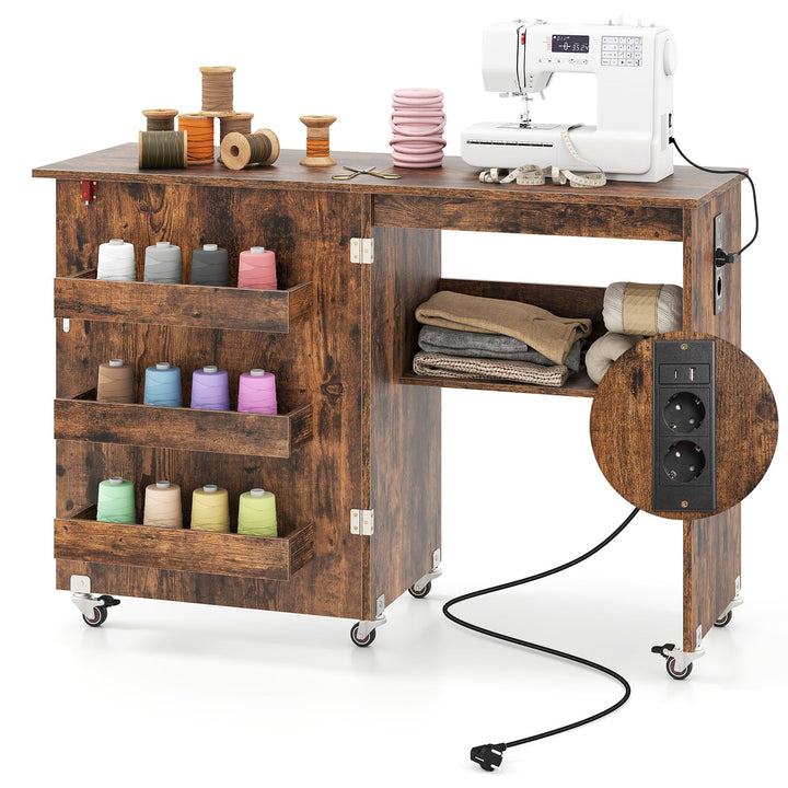 COSTWAY 2 in 1 Nähtisch klappbar mit Ladestation, Nähmaschinenschrank aus Holz mit Regalen, Nähschra