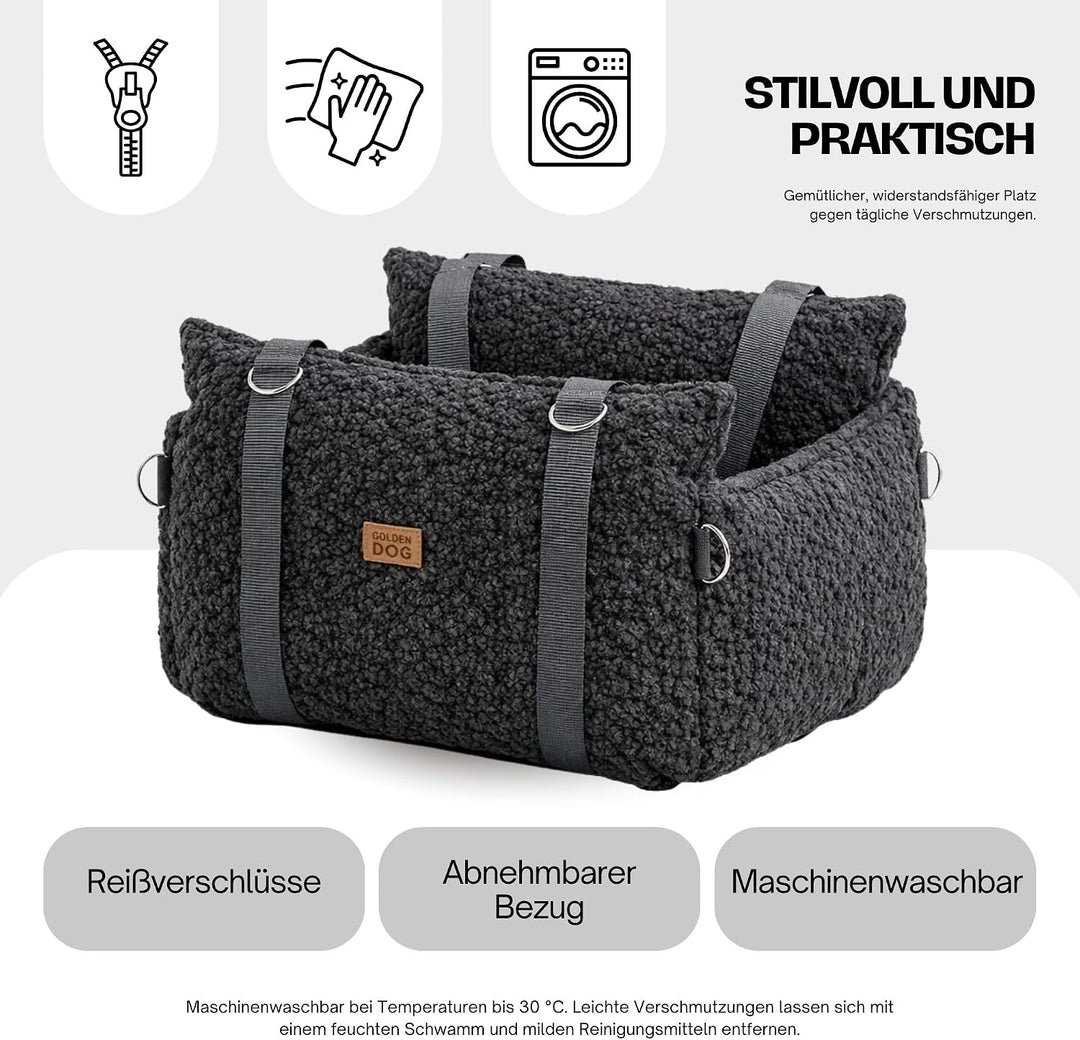 Hundesitz Auto 3in1 aus Bouclé – Hundebett &amp; Transporter mit Sicherheitsleine, weich, robust und Kra