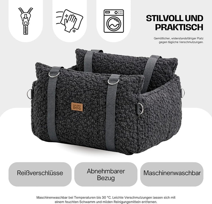 Hundesitz Auto 3in1 aus Bouclé – Hundebett &amp; Transporter mit Sicherheitsleine, weich, robust und Kra