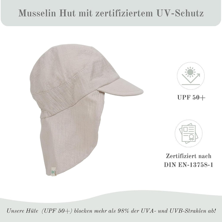 Petinard Label Musselin Schirmütze Sonnenhut mit Nacken- und Ohrenschutz UV-Schutz (UPF 50+) für Bab
